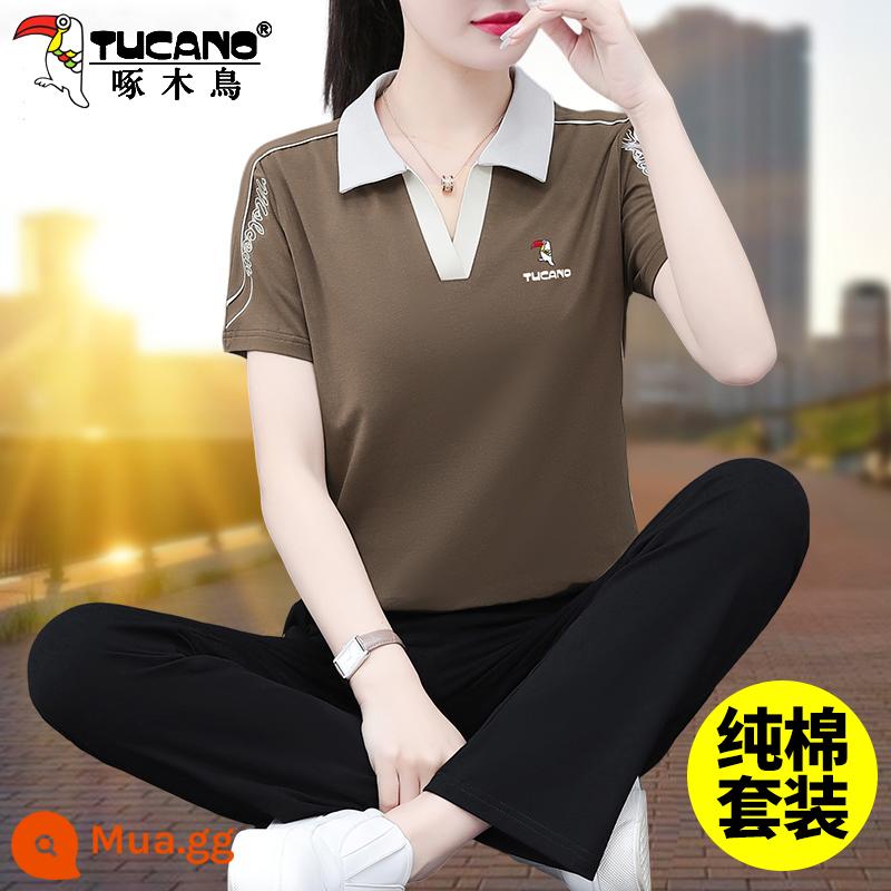 Bộ quần áo thể thao cotton chim gõ kiến ​​mùa hè 2023 mẹ mới phong cách nước ngoài thời trang ngắn tay bộ đồ hai mảnh - Màu nâu (in chim gõ kiến)