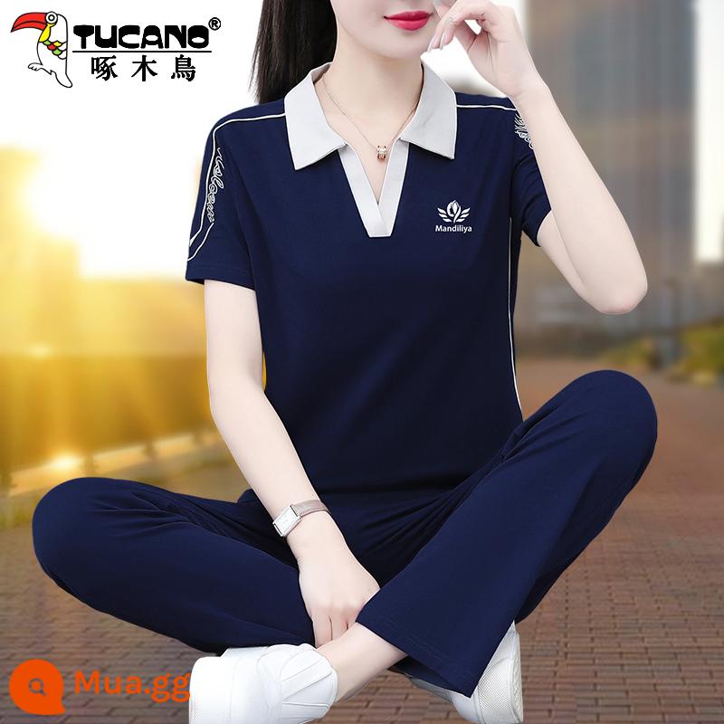 Bộ quần áo thể thao cotton chim gõ kiến ​​mùa hè 2023 mẹ mới phong cách nước ngoài thời trang ngắn tay bộ đồ hai mảnh - xanh đậm