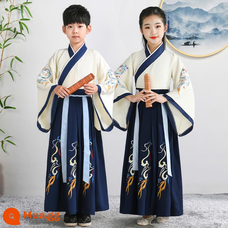 Hanfu Nam sinh Trường Quốc học Quần áo Phong cách Trung Quốc Trẻ em Trang phục Cổ xưa Sách Nam sinh Tiểu học Quần áo Trẻ em Trang phục Niệm Nữ - Màu be tốt, xanh đậm, kiểu dáng giống nhau cho nam và nữ