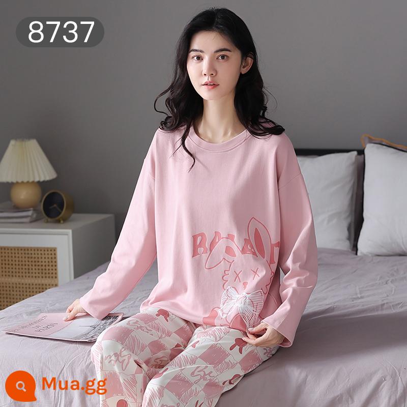 Bộ đồ ngủ Catman nữ cotton xuân thu quần dài tay có thể mặc bên ngoài Bộ đồ mặc ở nhà 100% cotton phong cách mới 2023 - Gấu hồng [Bộ đồ dài tay 100% cotton]