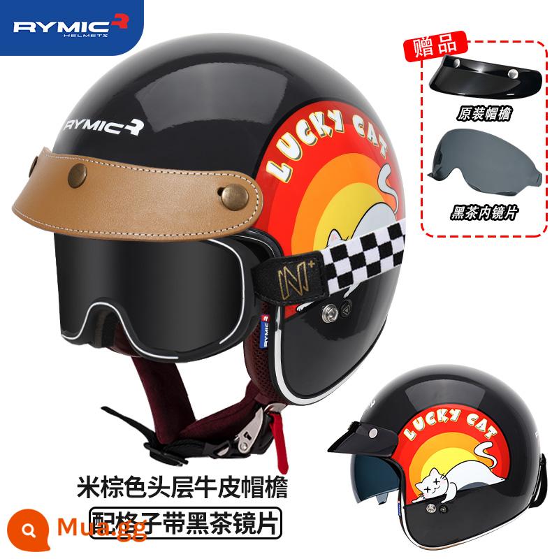 RYMIC 3C được chứng nhận xe máy Harley Retro bluetooth xe máy Mũ bảo hiểm nửa mùa đông đa năng cho nam và nữ - Lucky Cat (tặng ly trà đen kẻ sọc + mũ da nâu)