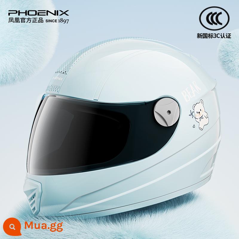 Phoenix 3C chứng nhận xe điện mũ bảo hiểm mùa đông nữ ấm áp bao gồm tất cả mũ bảo hiểm xe máy mũ bảo hiểm đầy đủ - Chú gấu dễ thương màu xanh khói [Kem chống nắng HD]