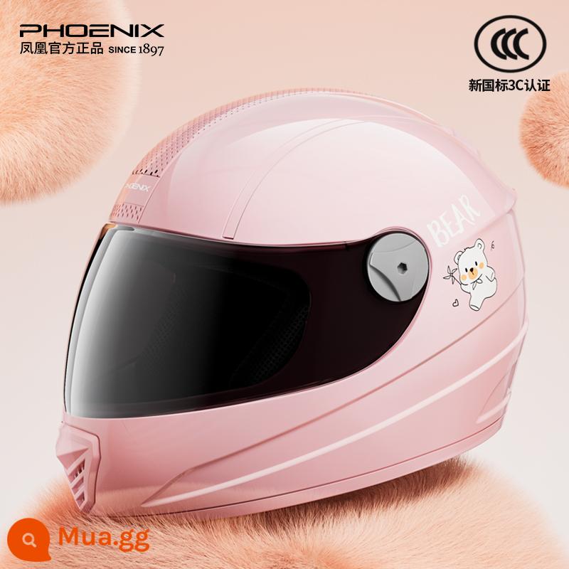 Phoenix 3C chứng nhận xe điện mũ bảo hiểm mùa đông nữ ấm áp bao gồm tất cả mũ bảo hiểm xe máy mũ bảo hiểm đầy đủ - Bột phun sương mềm mại Gấu dễ thương [Kem chống nắng HD]