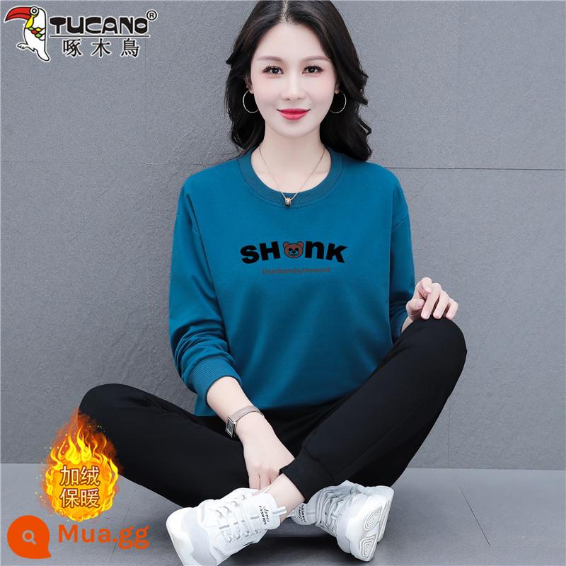 Bộ đồ thể thao chim gõ kiến nữ xuân thu 2023 mới thu đông dáng rộng cổ tròn cotton dày T chạy 2 bộ đồ - 330 xanh dương (bộ hai mảnh + nhung)