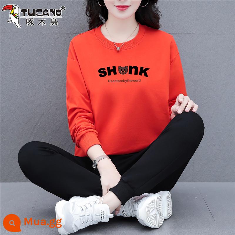 Bộ đồ thể thao chim gõ kiến nữ xuân thu 2023 mới thu đông dáng rộng cổ tròn cotton dày T chạy 2 bộ đồ - 330 cam (bộ hai món không nhung)