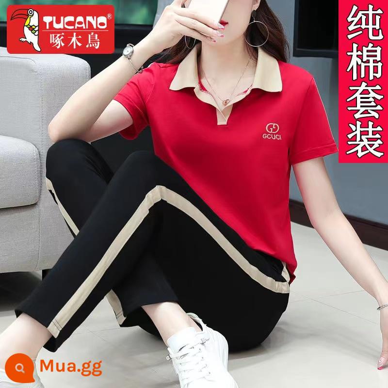 Chim Gõ Kiến Cotton Nguyên Chất Bộ Đồ Thể Thao Nữ Ngắn Tay Quần Cắt Mùa Hè Thời Trang Trung Niên Của Mẹ Bộ Đồ Hai Mảnh - Đỏ [Quần Suit]