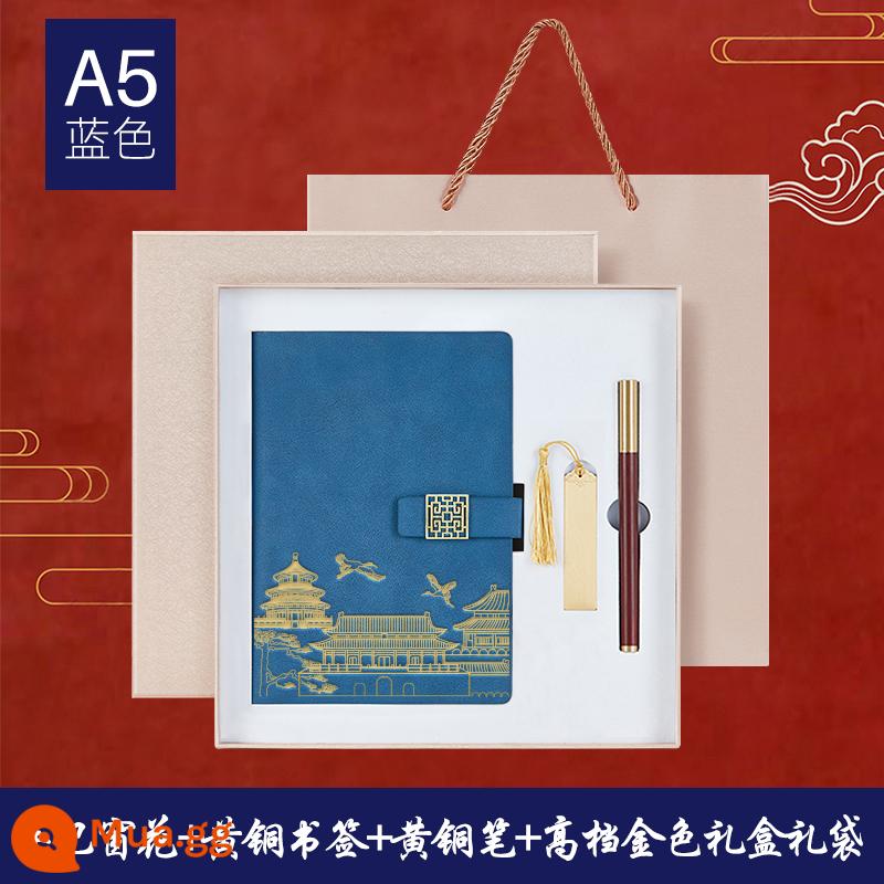 Bộ hộp quà tặng máy tính xách tay Guochao Bộ có thể in tùy chỉnh Logo dày Retro Phong cách Trung Quốc Notepad A5 Sổ ghi chép cuộc họp công việc kinh doanh cao cấp Giải thưởng sinh viên Quà tặng công ty Quà lưu niệm tùy chỉnh - Lưới cửa sổ bằng da cừu màu xanh + dấu trang bằng đồng + bút gỗ đàn hương - hộp quà vàng cao cấp túi quà