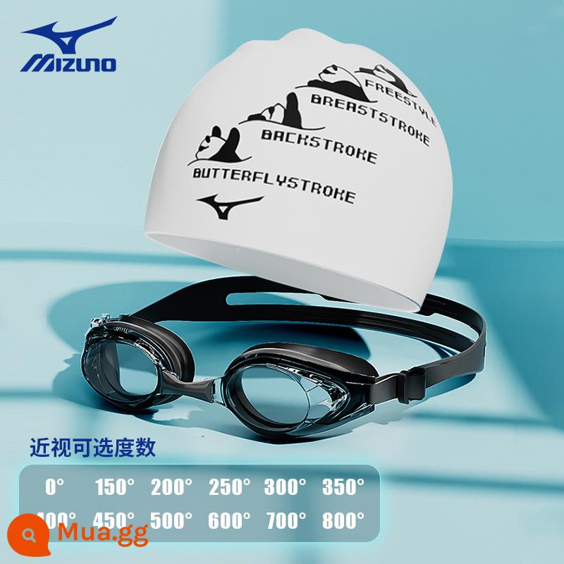 Mizuno Mũ Bơi Bốn Gấu Trúc Nữ Tóc Dài Chống Nước Đặc Biệt Butler Đầu Nam Lớn Chuyên Nghiệp Silicone Mũ Bơi - Kính bơi cận thị màu đen sương mù 2030 + mũ bơi