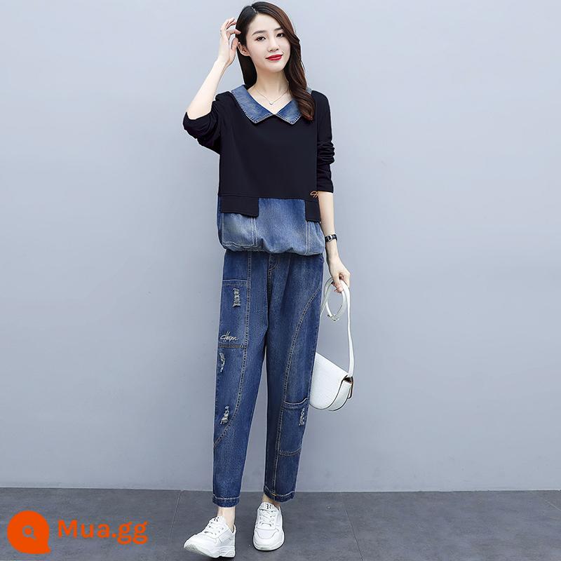 Đầu mùa thu mới hơi mập cỡ lớn denim nối cũ áo thun dài tay ve áo che thịt áo len cướp quần giản dị phù hợp với - Nhóm 5035 màu đen