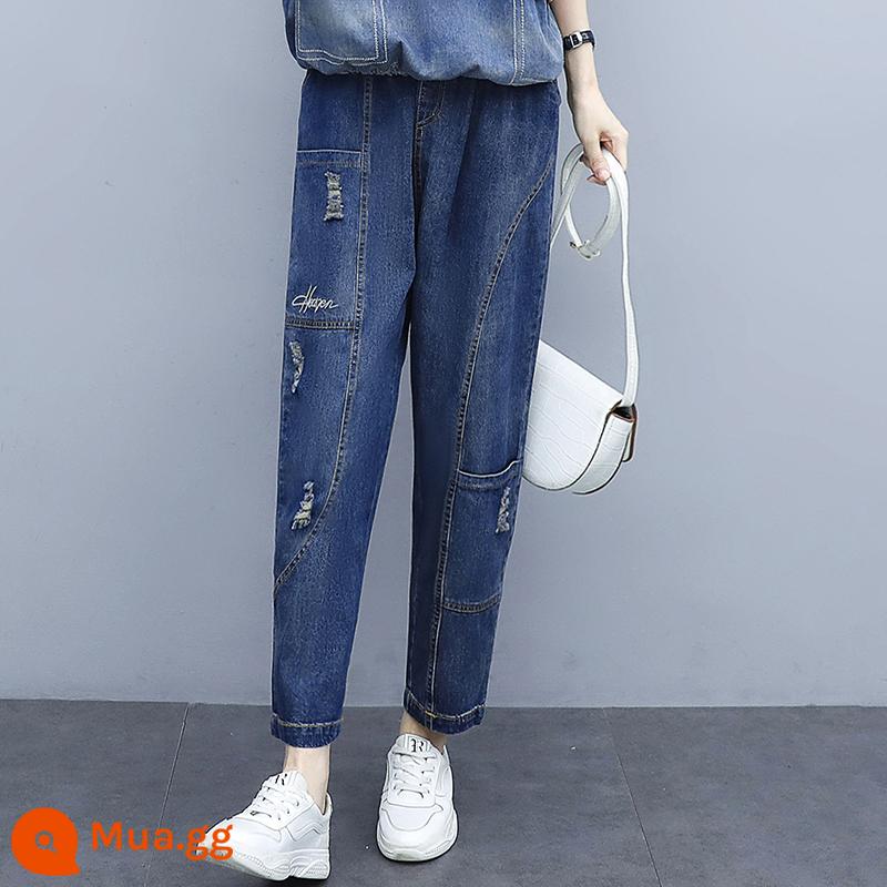 Đầu mùa thu mới hơi mập cỡ lớn denim nối cũ áo thun dài tay ve áo che thịt áo len cướp quần giản dị phù hợp với - quần jean 5035K