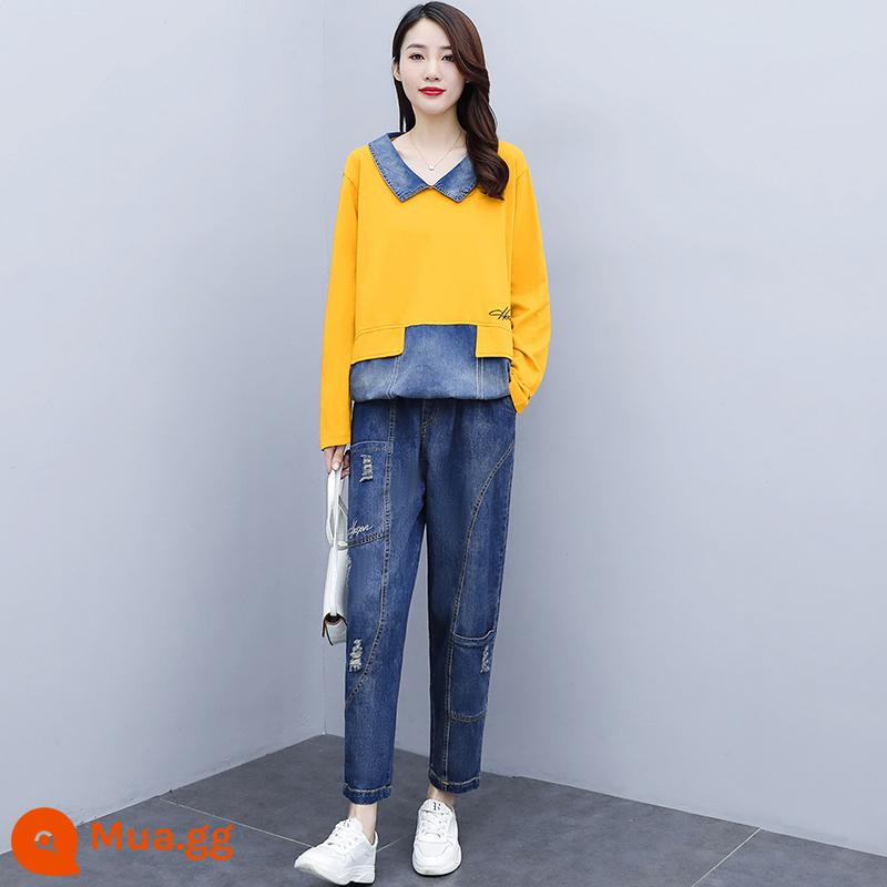 Đầu mùa thu mới hơi mập cỡ lớn denim nối cũ áo thun dài tay ve áo che thịt áo len cướp quần giản dị phù hợp với - Nhóm 5035 màu vàng