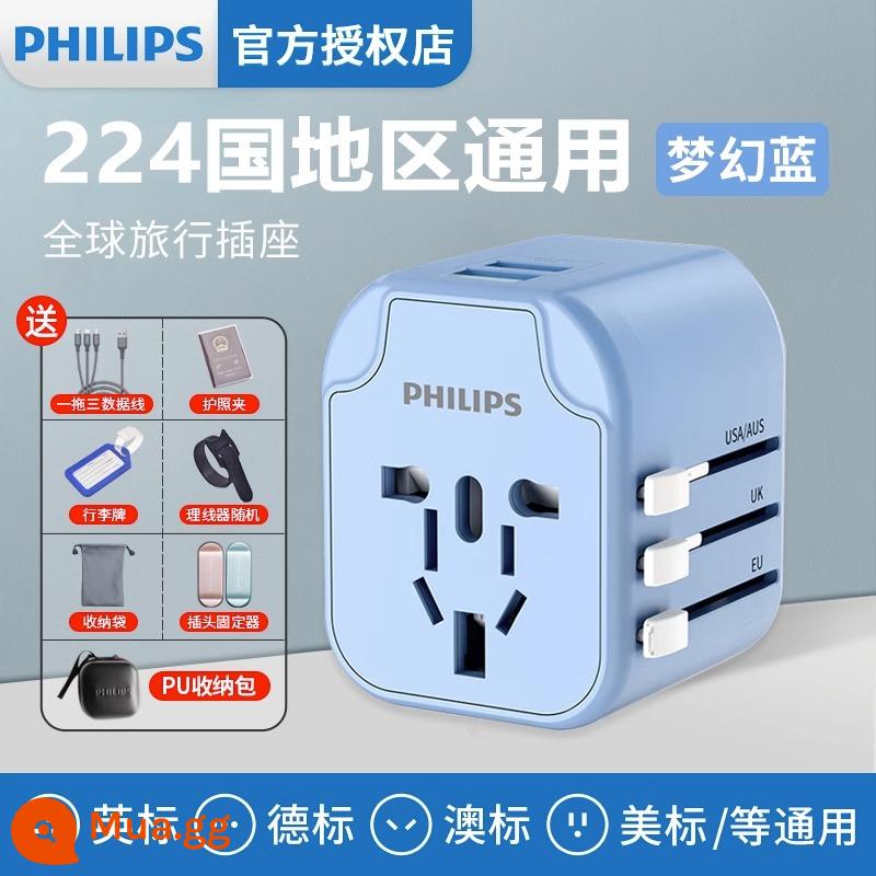 Phích cắm chuyển đổi Philips toàn cầu phổ thông Tiêu chuẩn Anh Ổ cắm tiêu chuẩn Châu Âu phiên bản Hồng Kông Nhật Bản đi nước ngoài ổ cắm đa năng - Phích cắm chuyển đổi phổ biến cho 224 quốc gia (màu xanh băng, gói quà tặng 7 chiếc miễn phí)