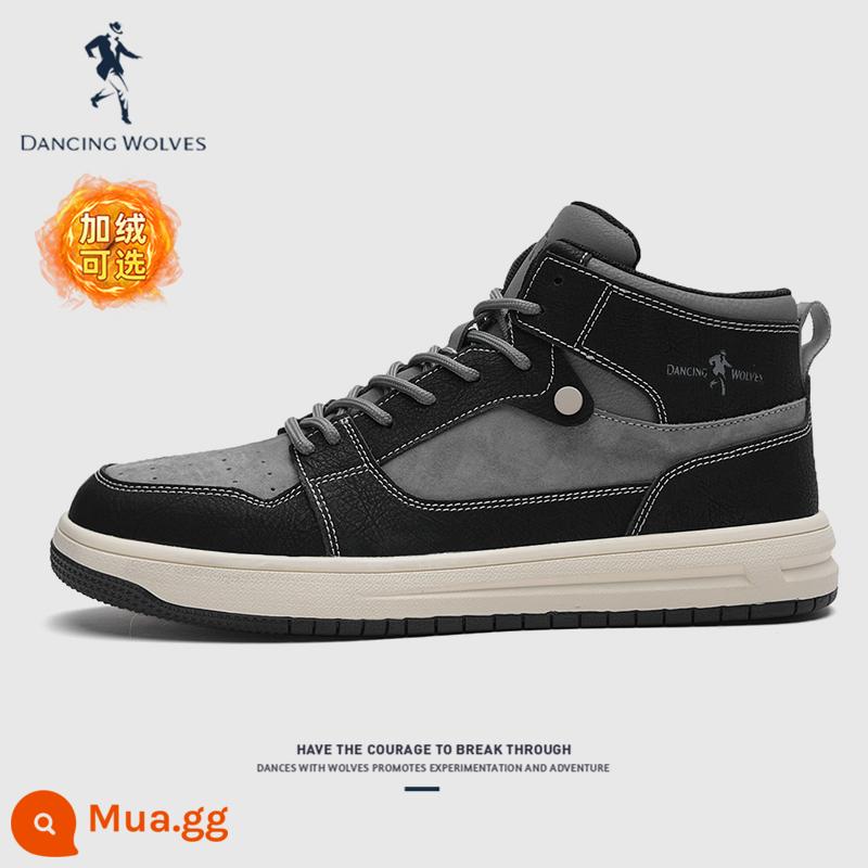 Giày nam ống cao Dances with Wolves mùa đông plus nỉ bông giữ ấm Giày nam da thuộc Đông Bắc giày thể thao casual sneakers - Thú nhồi bông màu đen và xám