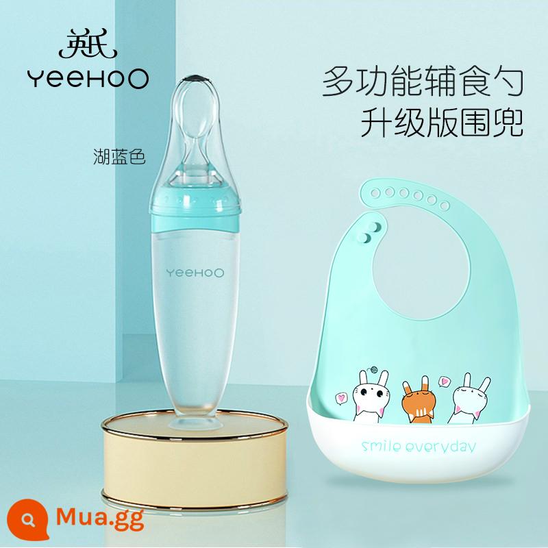 Yingshi Cơm Cho Bé Dán Thìa Mềm Bình Tập Ăn Silicone Cho Bé Không Chủ Lực Thực Phẩm Hiện Vật Vắt Bột Gạo Cho Ăn Ăn Dụng Cụ - 120ml [Dung tích lớn] Muỗng Ăn Đa Năng - Lake Blue + Yếm Nâng Cấp - Ba Chú Mèo Con