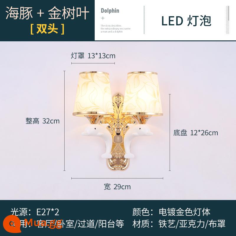 Ouguanglian cá heo nhỏ dễ thương đèn tường phòng ngủ đèn ngủ LED lối đi đèn hành lang đèn cầu thang bọc vải - Cá heo + lá vàng + đầu đôi + đèn ấm đơn sắc + công tắc khép kín