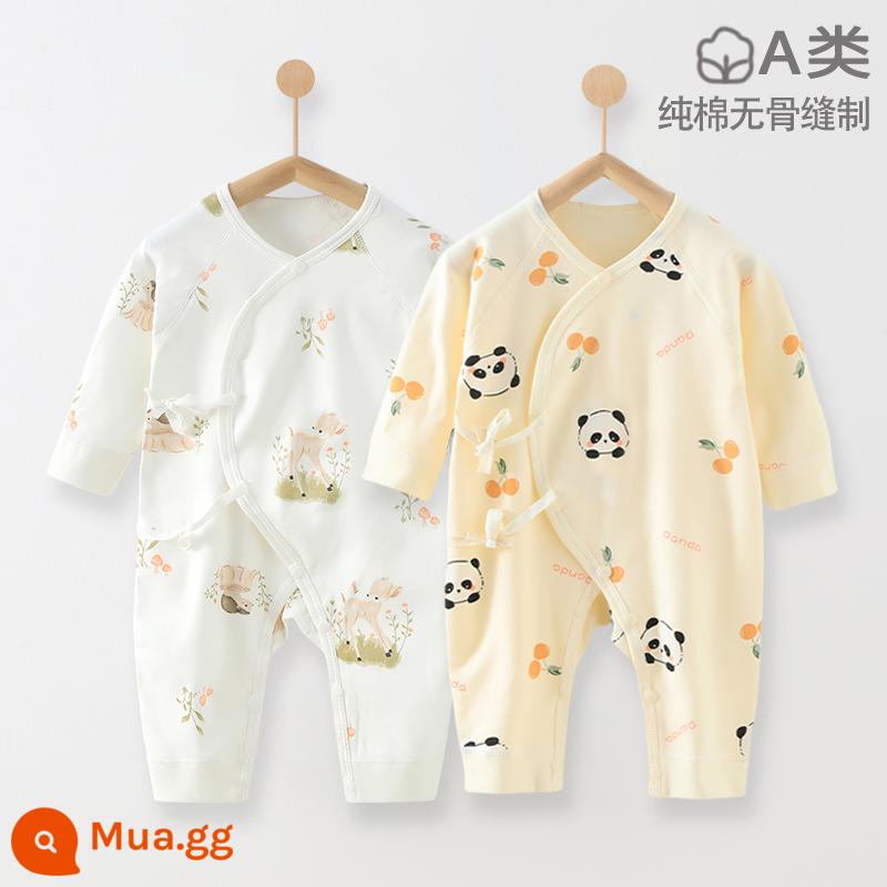 Áo liền quần cho bé xuân thu cotton nguyên chất quần áo sơ sinh 0-6 tháng tuổi áo liền quần quần áo trẻ em không xương - Gấu Trúc Vàng + Hươu Cỏ