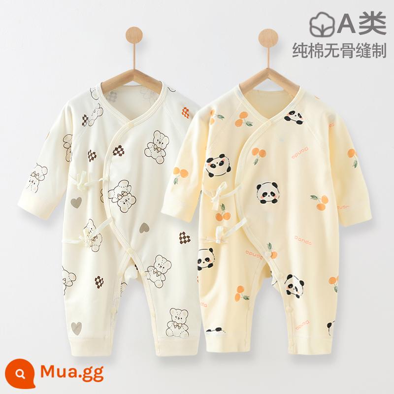 Áo liền quần cho bé xuân thu cotton nguyên chất quần áo sơ sinh 0-6 tháng tuổi áo liền quần quần áo trẻ em không xương - Gấu Trúc Vàng + Gấu Chăm Sóc