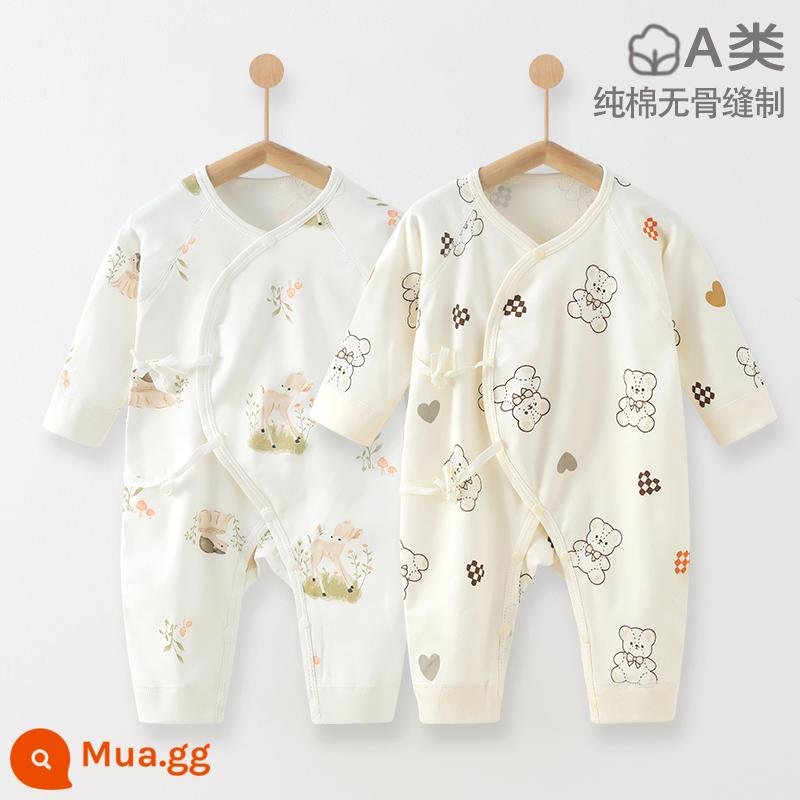 Áo liền quần cho bé xuân thu cotton nguyên chất quần áo sơ sinh 0-6 tháng tuổi áo liền quần quần áo trẻ em không xương - Chăm sóc gấu + Hươu cỏ