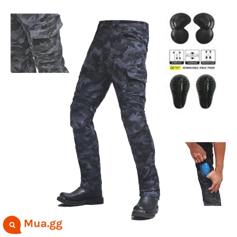 Quần denim đi xe máy quần áo nam và nữ mùa thu đông ngụy trang dụng cụ đua xe địa hình quần chống rơi quần đi xe máy - Ngụy trang màu xanh lam (với đồ bảo hộ được nâng cấp CE JES-7