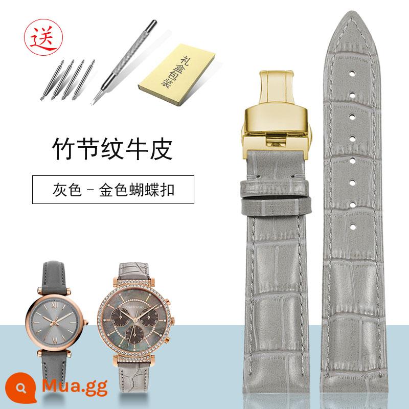 Dây da nam nữ màu xám khóa bướm thích hợp Omega Swarovski Amani Fossil Fiyta - Khóa bướm da bò hoa văn tre màu xám vàng