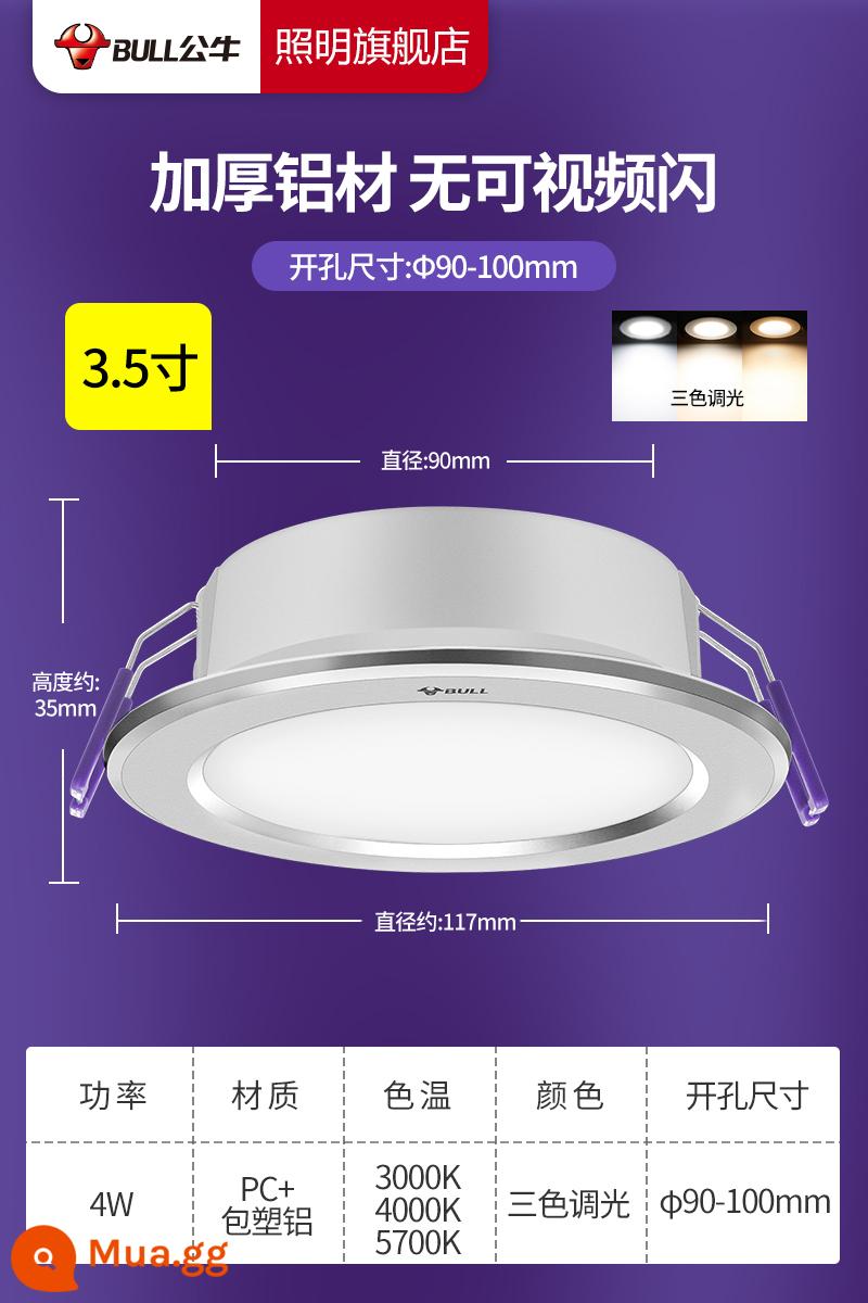 Bull Downlight LED Downlight Âm Trần Nhúng Giấu Lỗ Ánh Sáng Hộ Gia Đình Hành Lang Lối Đi Xô Ánh Sáng Siêu Mỏng Đèn Trợ Sáng - Khoan bạc kim loại [4w ba màu mờ] 90-100