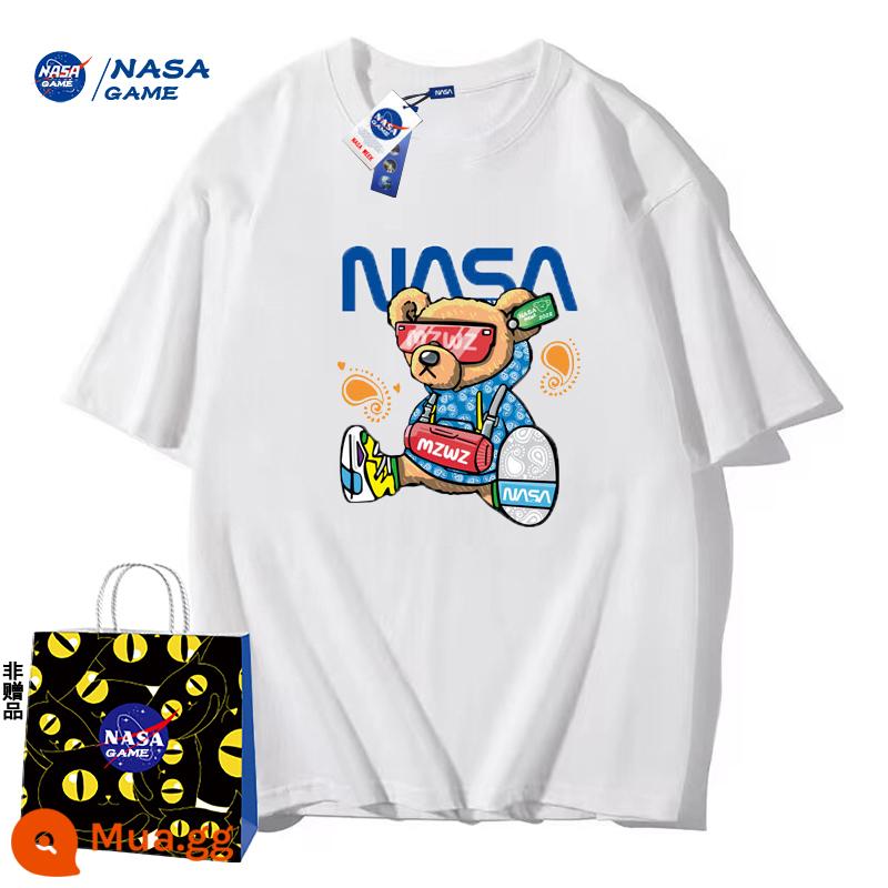 Trang web chính thức của NASA GAME sản phẩm mới đồng thương hiệu 2024 Áo phông ngắn tay cotton nguyên chất dành cho nam và nữ Áo phông hàng hiệu hợp thời trang Áo thun đôi - Áo phông trắng của NASA Cool Play Bear