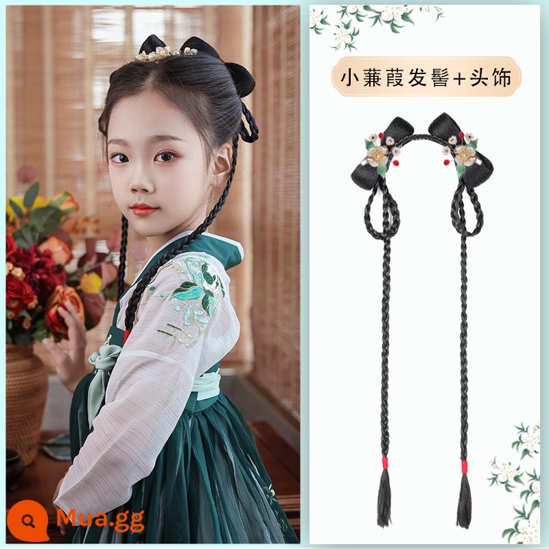 Trẻ em Hanfu tóc giả gói tấm tóc cổ trang phục một mảnh headband cổ gió tóc giả bé gái tạo kiểu phụ kiện tóc búi tóc trùm đầu - Tiểu Kiếm Giáp + Hoa Trà