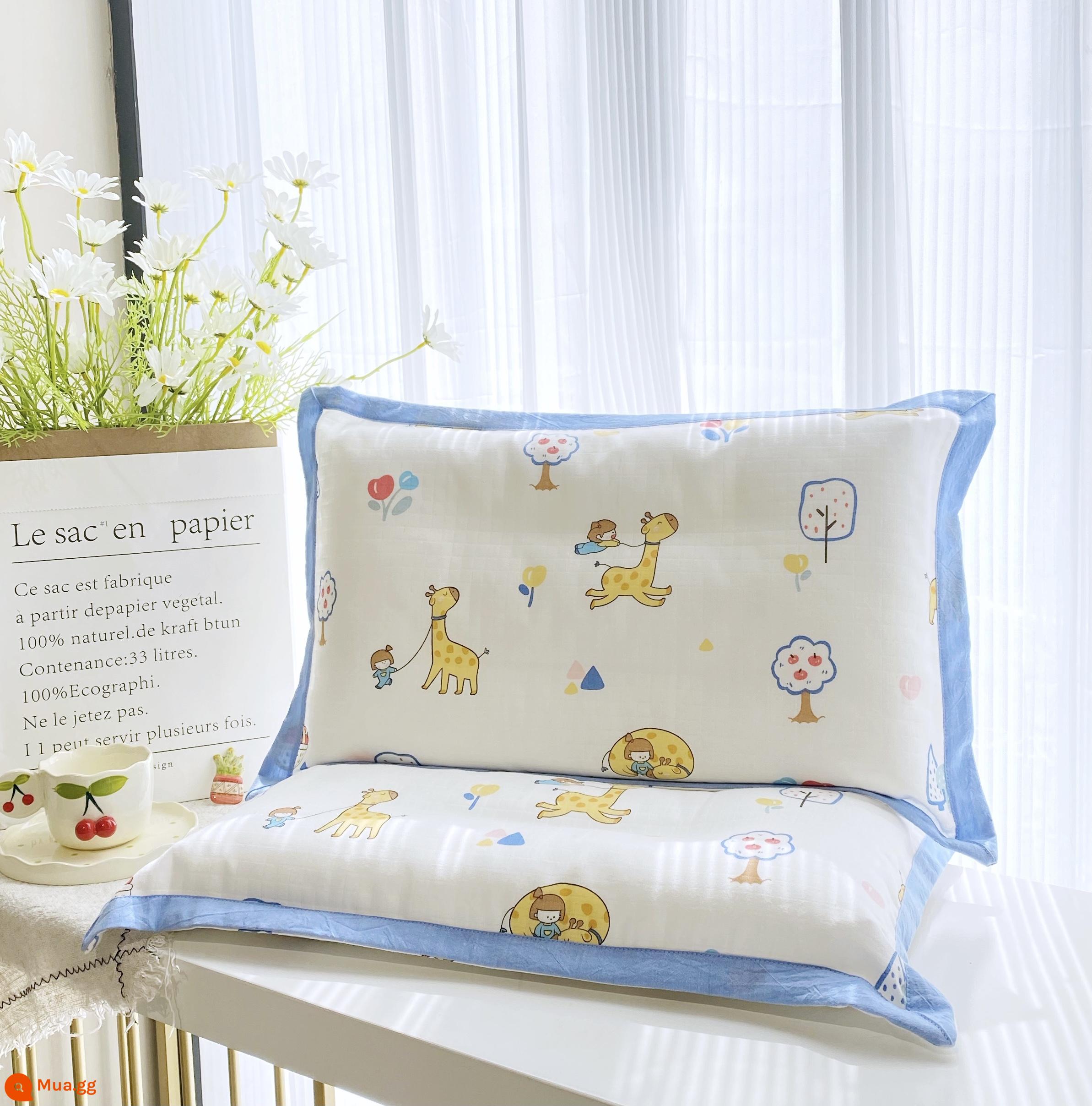 Cotton Nguyên Chất Cotton Gạc Gối Hoạt Hình Gối Khăn Cho Bé Mùa Hè Ký Túc Xá Thấm Mồ Hôi Thoáng Khí Gối Cao Su Trẻ Em - Vỏ gối màu xanh đậm Ca ngợi niềm vui