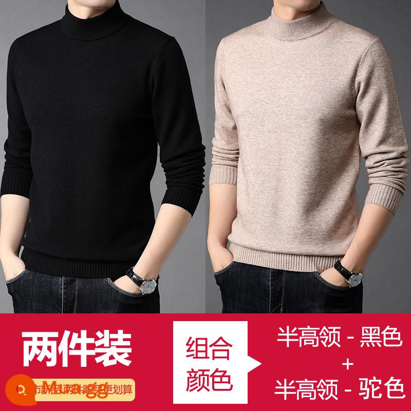 Những người đàn ông mới 100 chiếc áo len cashmere tinh khiết trung gian được sản xuất vào mùa đông, cổ áo bán bằng len và áo len dày - đen + lạc đà