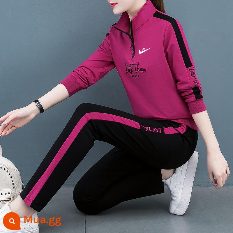 Thương hiệu cao cấp cotton nguyên chất Plus nhung giản dị phù hợp với nữ mùa xuân và mùa thu 2023 mới áo len dáng rộng thể thao 2 bộ - Hoa hồng đỏ [Kiểm tra ngẫu nhiên chính thức đã thông qua]