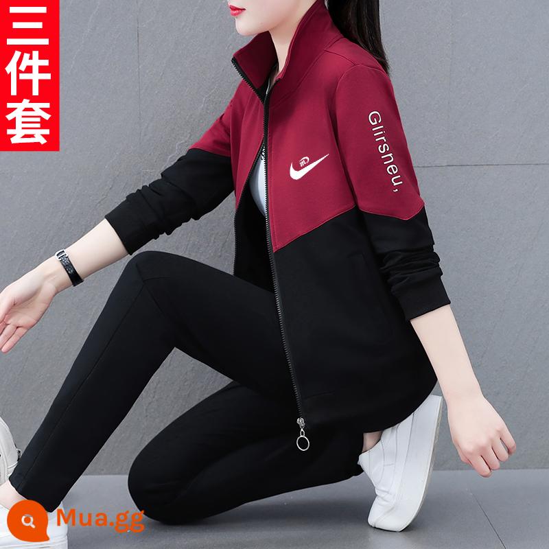 NK Thương Hiệu Nổi Tiếng Giày Thể Thao Bộ Đồ Nữ Thu Đông 2023 Mới Cardigan Cotton Dày T Mẹ Thời Trang Thu Đông 3 bộ - 81 rượu vang đỏ [bộ ba món]