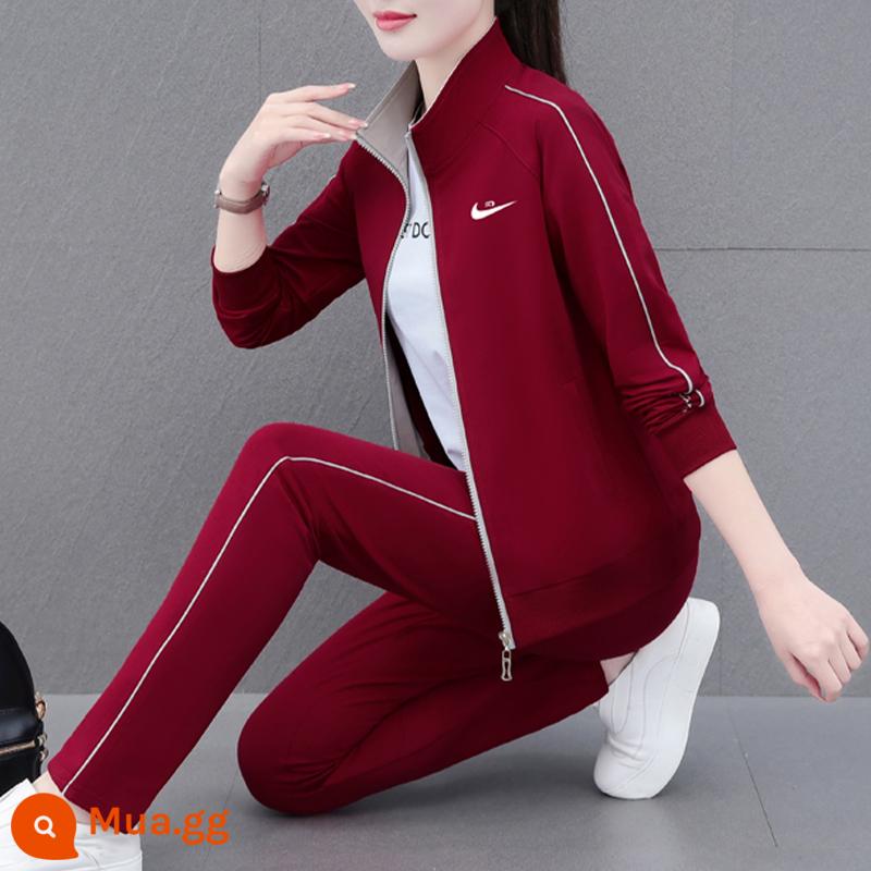 NK Thương Hiệu Nổi Tiếng Giày Thể Thao Bộ Đồ Nữ Thu Đông 2023 Mới Cardigan Cotton Dày T Mẹ Thời Trang Thu Đông 3 bộ - 92 rượu vang đỏ [bộ ba món]