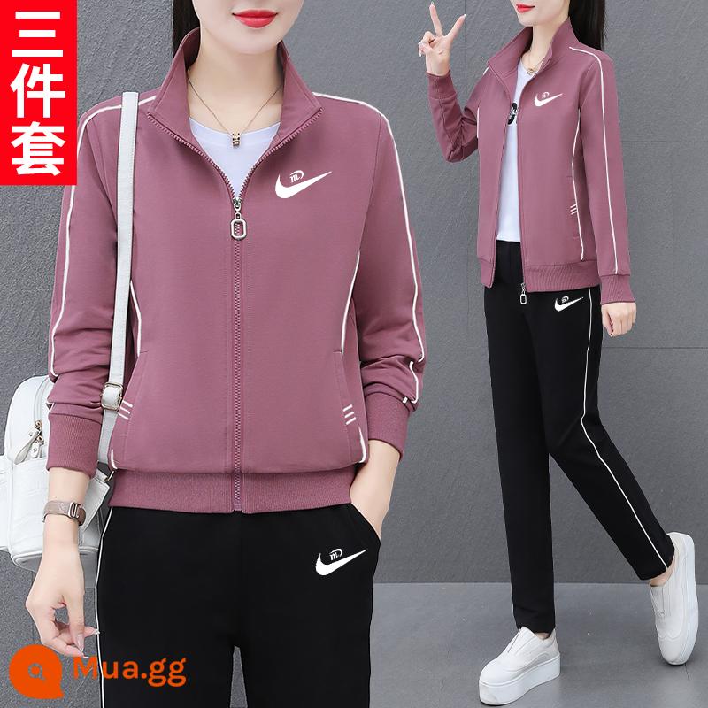 NK Thương Hiệu Nổi Tiếng Giày Thể Thao Bộ Đồ Nữ Thu Đông 2023 Mới Cardigan Cotton Dày T Mẹ Thời Trang Thu Đông 3 bộ - 78 hồng [bộ ba món]