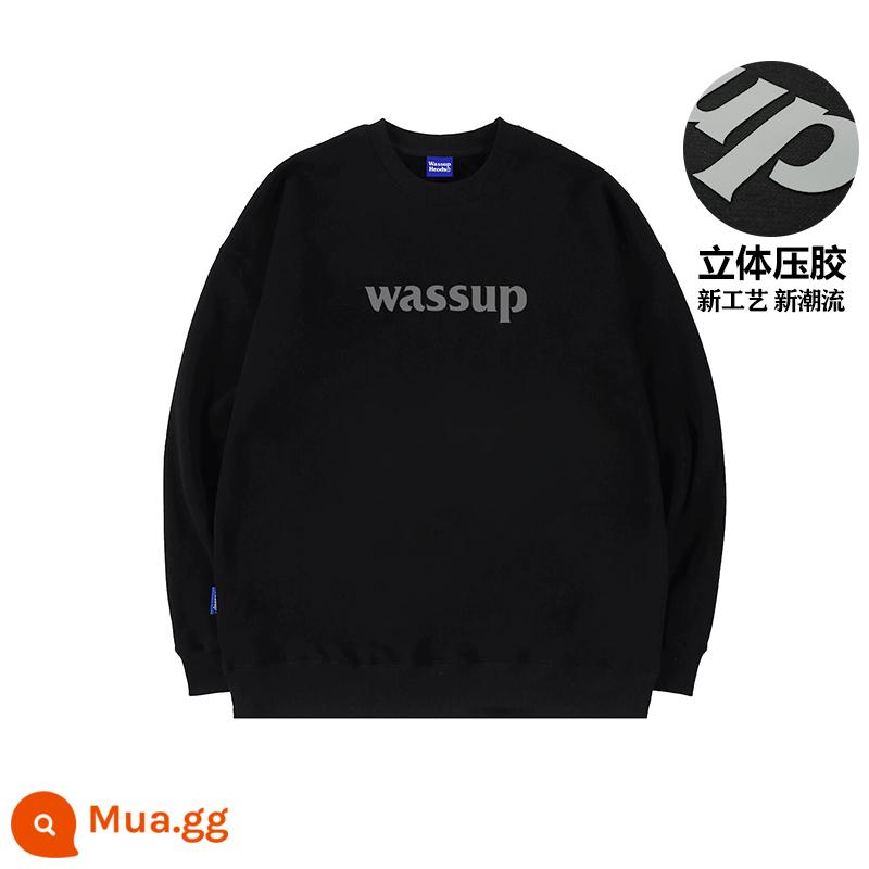 WASSUP HEODS retro hợp thời trang thương hiệu nam nữ mùa thu đông 2023 mới giản dị cặp đôi cổ tròn cotton dày T nguyên chất cotton dáng rộng - Đen (Xuân Thu Terry Cotton) In Ba Chiều Phiên Bản Giới Hạn Xuân Thu 400g