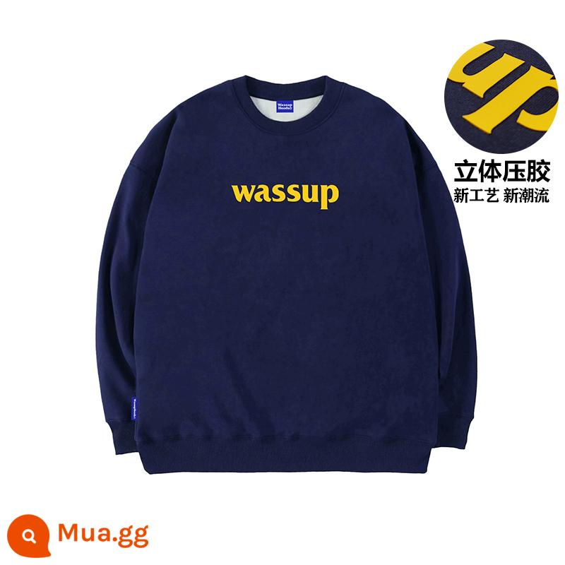 WASSUP HEODS retro hợp thời trang thương hiệu nam nữ mùa thu đông 2023 mới giản dị cặp đôi cổ tròn cotton dày T nguyên chất cotton dáng rộng - Màu xanh hải quân (bông terry mùa xuân và mùa thu) in ba chiều phiên bản giới hạn mùa xuân và mùa thu 400 gram