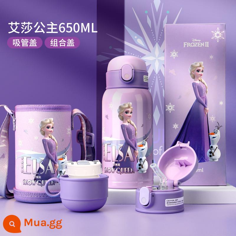 Disney Trẻ em Cúp cách nhiệt Girl Thực phẩm lớp 316 Kettles Công suất lớn Cúp nước tiểu học Aisha - 650ml │ Ice and Snow Elsa [Bình trong 316L + nắp đôi + tay áo cốc]