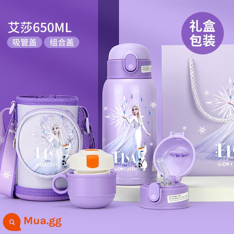 Disney Trẻ em Cúp cách nhiệt Girl Thực phẩm lớp 316 Kettles Công suất lớn Cúp nước tiểu học Aisha - 650ml │ Ice and Snow Elsa [Bình chứa 316L + hộp quà nắp đôi + tay áo cốc]