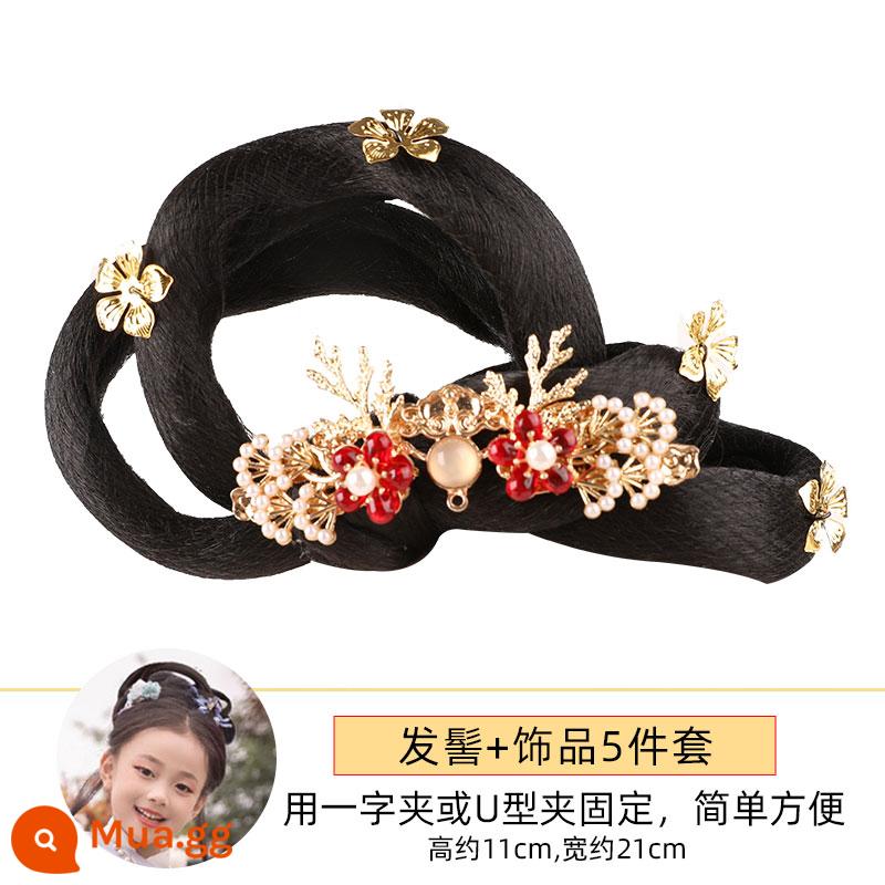 Trang phục cổ trang cho trẻ em Bộ tóc giả đội đầu cho bé gái dễ thương Bộ mũ kiểu Hanfu đơn giản và đa năng túi búi tóc phong cách cổ xưa - Bộ Búi Kiểu 2 + Phụ Kiện (6)