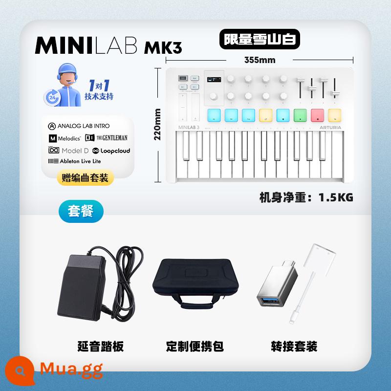 Thương hiệu trực tiếp Arturia MiniLab MK3 Portable Arranger MIDI Keyboard Controller Pad - ⭐Phiên bản giới hạn｜MINILAB MK3 Snow Mountain White-Pedal + Vỏ cứng + Bộ chuyển đổi + Dịch vụ 1 đến 1 + Bộ phần mềm sắp xếp