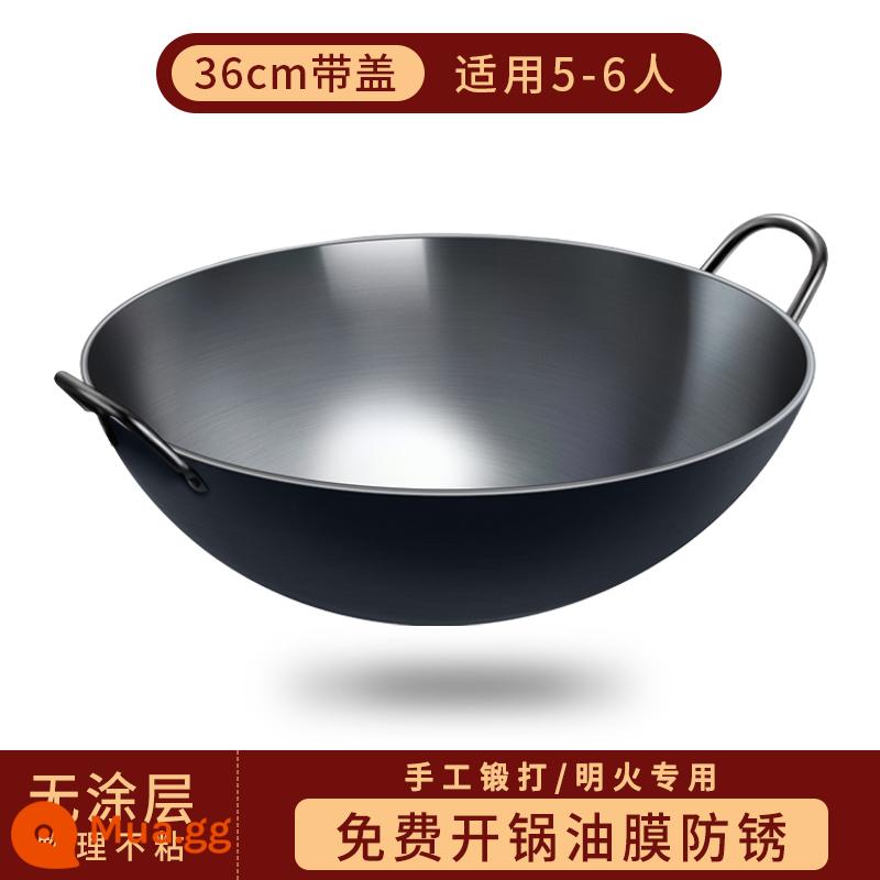 Zhangqiu handmade chảo sắt không tráng đáy tròn lớn chảo sắt chống dính hộ gia đình chảo đôi tai thương mại chảo 356 - 36cm*được rèn bằng tay*tai đôi+nắp thép không gỉ+thìa thép không gỉ (sẵn sàng cho nồi)