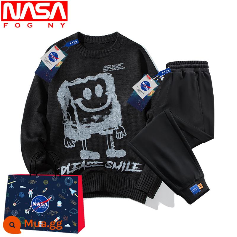 NASA Flagship Store Trang Web Chính Thức Mùa Đông Sang Trọng Dày Áo Len Nam Cổ Tròn Đáy Ấm Áo Sơ Mi Thương Hiệu Hợp Thời Trang Dệt Kim - 2025 đen + YK806 đen (bộ)