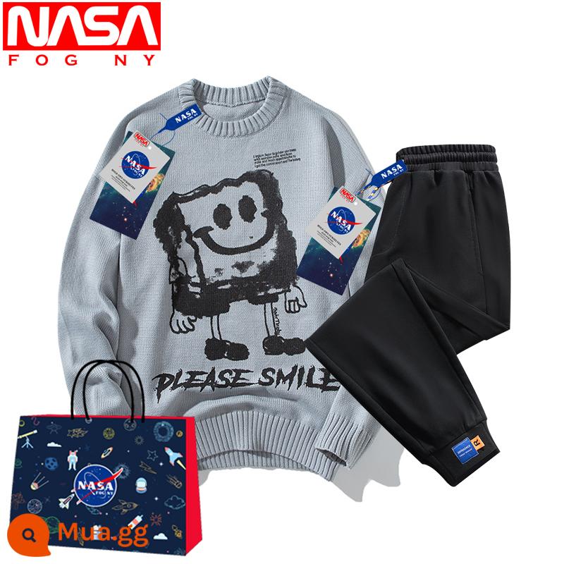 NASA Flagship Store Trang Web Chính Thức Mùa Đông Sang Trọng Dày Áo Len Nam Cổ Tròn Đáy Ấm Áo Sơ Mi Thương Hiệu Hợp Thời Trang Dệt Kim - 2025 xám + đen YK806 (bộ)