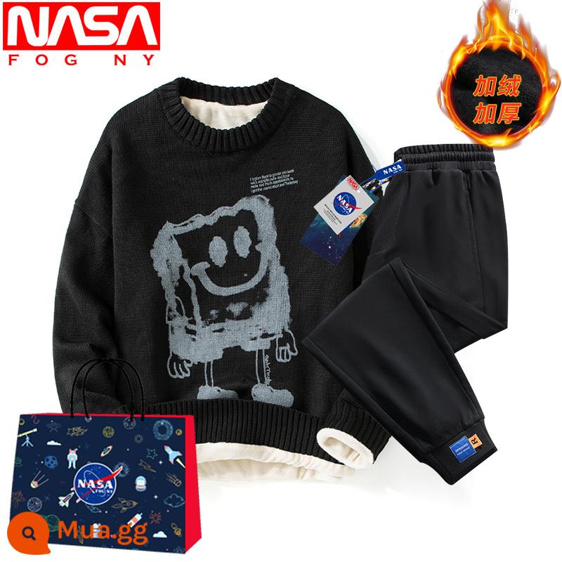 NASA Flagship Store Trang Web Chính Thức Mùa Đông Sang Trọng Dày Áo Len Nam Cổ Tròn Đáy Ấm Áo Sơ Mi Thương Hiệu Hợp Thời Trang Dệt Kim - Nhung đen 3025 + nhung đen YK806 (bộ)