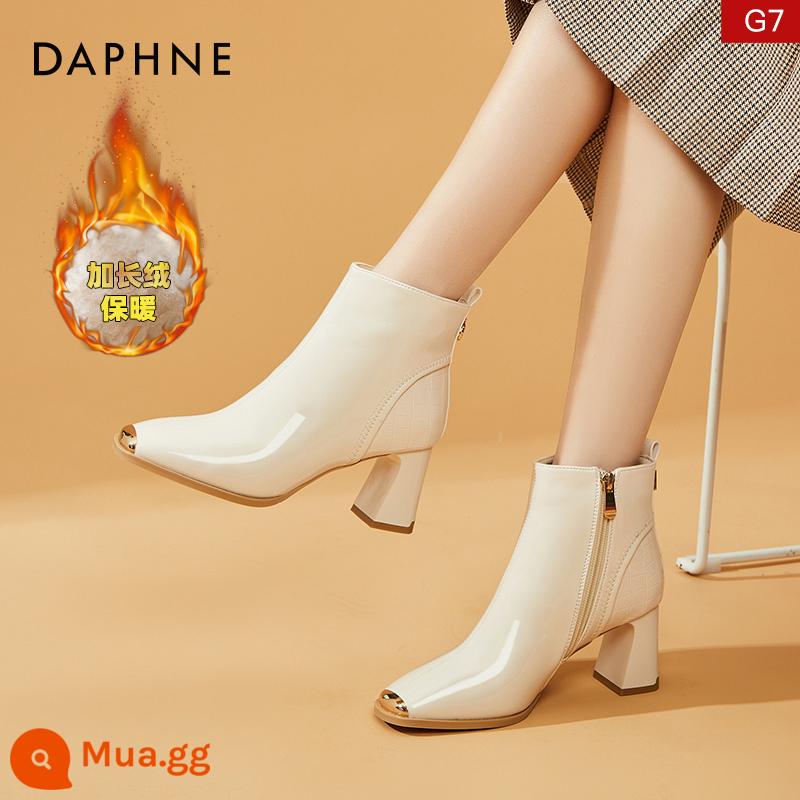 Giày bốt nữ da thật Daphne plus nhung bốt ngắn bốt nữ giày da cao gót 2023 phong cách mùa đông mới thu đông - 4622607064 Màu be cộng với nhung