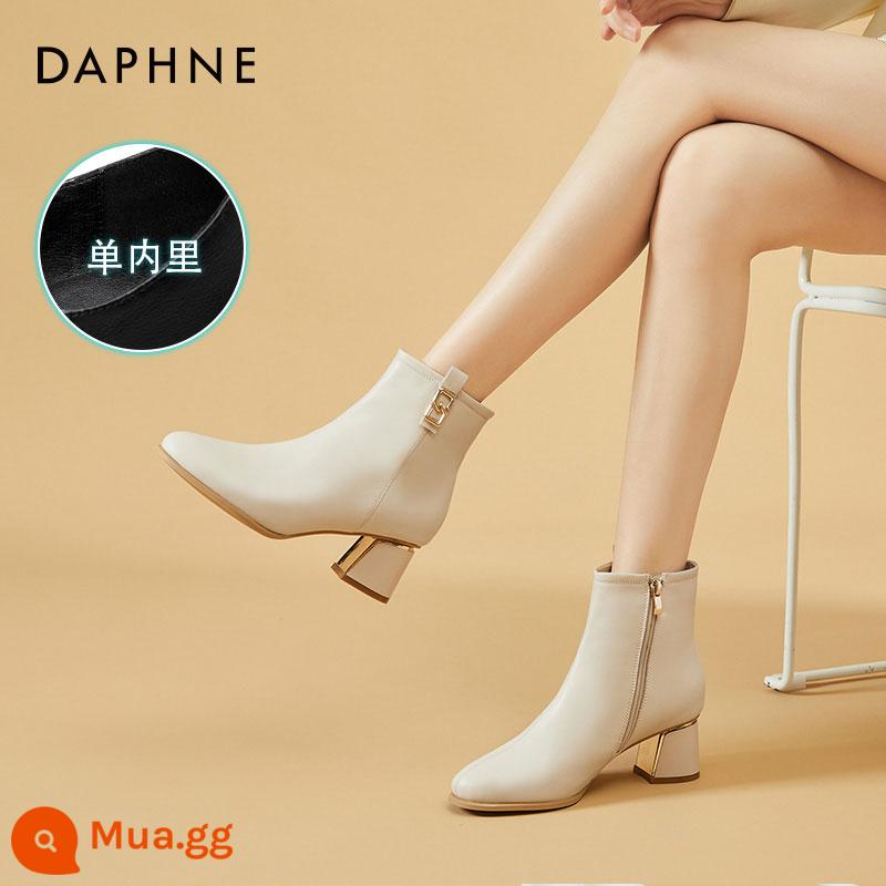 Giày bốt nữ da thật Daphne plus nhung bốt ngắn bốt nữ giày da cao gót 2023 phong cách mùa đông mới thu đông - 4622607023 Lớp lót đơn màu be