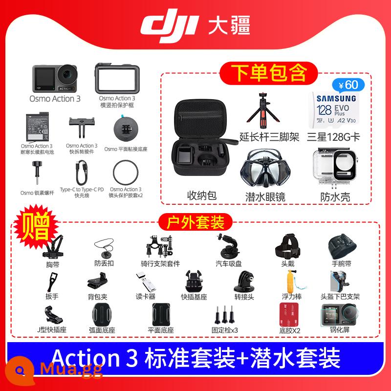 DJI Osmo Action 3 thời lượng pin dài camera thể thao kỹ thuật số độ nét cao tạo tác video trượt tuyết đầu máy - Bộ hành động 3 tiêu chuẩn + Bộ lặn chuyên nghiệp