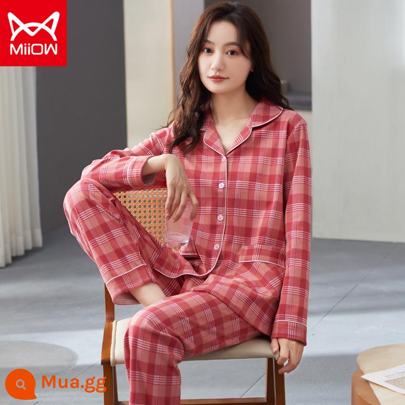 Bộ đồ ngủ mèo của phụ nữ mùa xuân và mùa thu cotton nguyên chất quần dài tay mẹ trung niên có thể mặc bên ngoài bộ đồ phục vụ tại nhà cotton cho phụ nữ - CM:8542