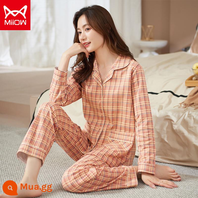 Bộ đồ ngủ mèo của phụ nữ mùa xuân và mùa thu cotton nguyên chất quần dài tay mẹ trung niên có thể mặc bên ngoài bộ đồ phục vụ tại nhà cotton cho phụ nữ - CM:9017