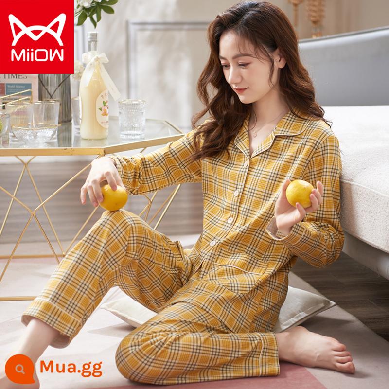 Bộ đồ ngủ mèo của phụ nữ mùa xuân và mùa thu cotton nguyên chất quần dài tay mẹ trung niên có thể mặc bên ngoài bộ đồ phục vụ tại nhà cotton cho phụ nữ - CM:8535