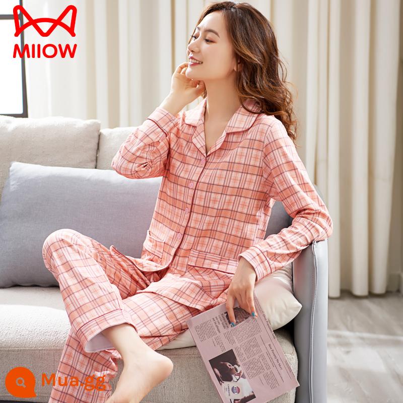 Bộ đồ ngủ mèo của phụ nữ mùa xuân và mùa thu cotton nguyên chất quần dài tay mẹ trung niên có thể mặc bên ngoài bộ đồ phục vụ tại nhà cotton cho phụ nữ - CM:8524